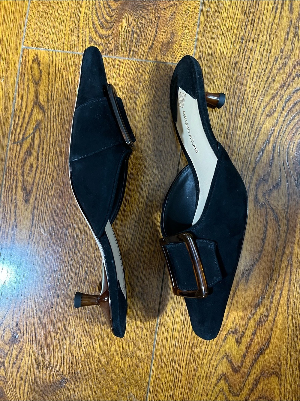 NWOB $110 Antonio Melani Greta Black Suede Resin Buckle Mule Heels 7.5 - Picture 6 of 8
